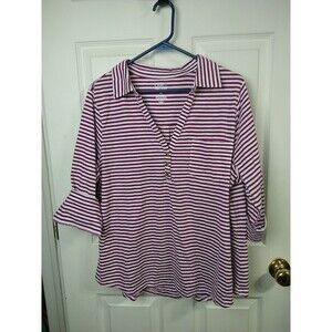 Croft&Barrow Woman XXL Blouse Purple White Nautical Collared V Neck Pocket...